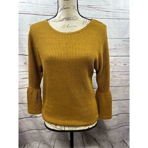 Common mustard yellow sweater with 3/4 open sleeves, no size tag but measurement